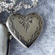 Lade das Bild in den Galerie-Viewer, Antique Sterling Silver Heart Locket Necklace. Chased &amp; Engraved Edwardian/Art Deco Photo Locket With Chain. Sweetheart Love Locket, Germany
