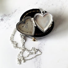 Lade das Bild in den Galerie-Viewer, Antique Sterling Silver Heart Locket Necklace. Chased &amp; Engraved Edwardian/Art Deco Photo Locket With Chain. Sweetheart Love Locket, Germany
