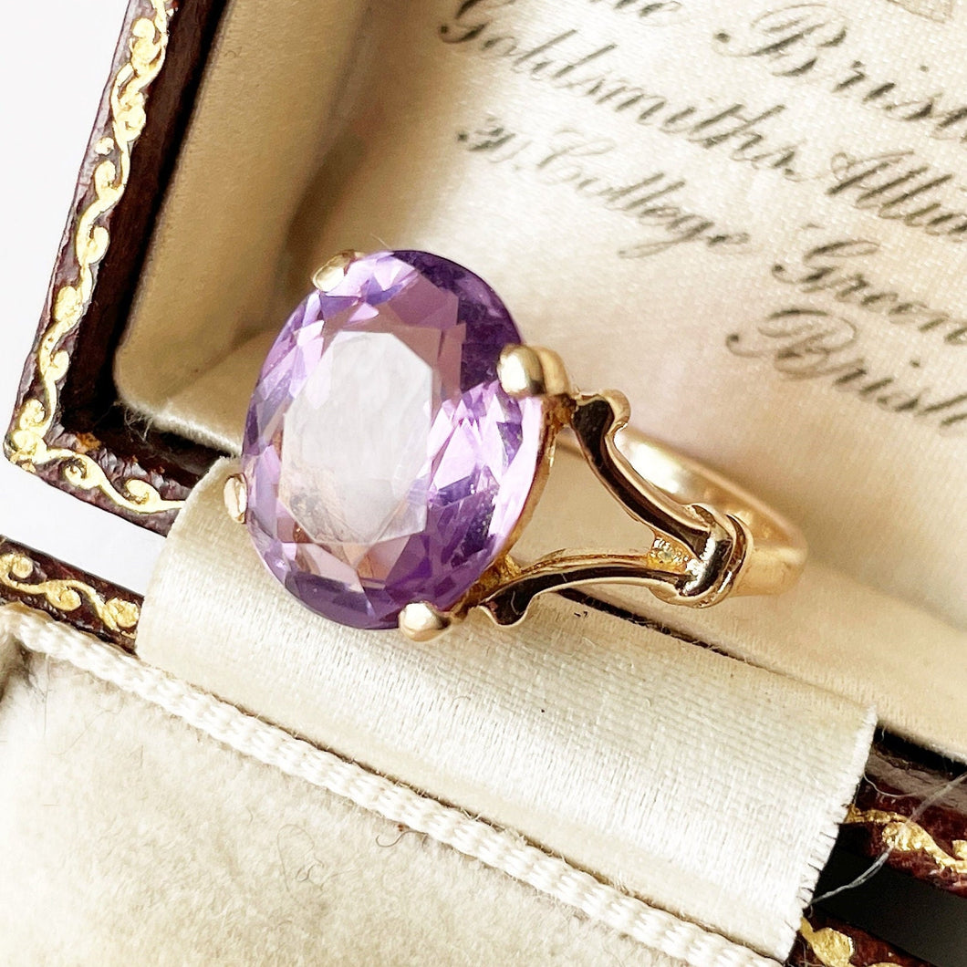 Vintage 1970s 9ct Yellow Gold Amethyst Solitaire Ring. Fat Oval 6 Carat Purple Amethyst Cocktail Statement Ring. Size K-1/2, US 5.5