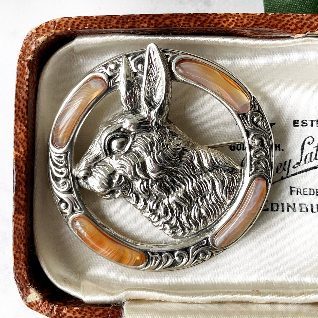 Vintage Scottish Agate Silver Rabbit Brooch. Sterling Silver Banded Carnelian Celtic Ring Disc Brooch. Figural Rabbit Plaid/Tartan/Lapel Pin