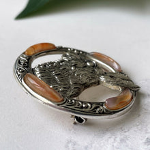 Load image into Gallery viewer, Vintage Scottish Agate Silver Rabbit Brooch. Sterling Silver Banded Carnelian Celtic Ring Disc Brooch. Figural Rabbit Plaid/Tartan/Lapel Pin
