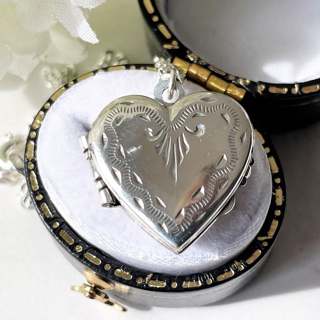 Antique Sterling Silver Heart Locket Necklace. Chased & Engraved Edwardian/Art Deco Photo Locket With Chain. Sweetheart Love Locket, Germany