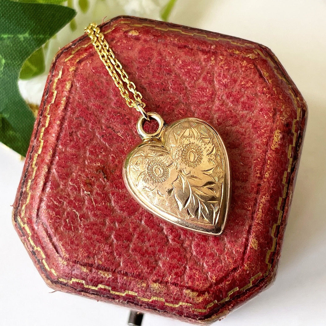 Antique Victorian Rolled Gold Heart Pendant Necklace. Engraved Rose Sweetheart Pendant Charm & Chain. Minimalist Antique Pendant.