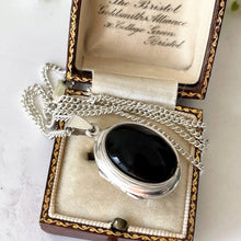 Load image into Gallery viewer, Vintage Sterling Silver Whitby Jet Locket Necklace. Puffy Photo Locket, Silver Curb Chain. Black Gemstone Locket. English Whitby Jet Jewelry
