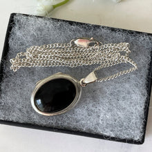 Load image into Gallery viewer, Vintage Sterling Silver Whitby Jet Locket Necklace. Puffy Photo Locket, Silver Curb Chain. Black Gemstone Locket. English Whitby Jet Jewelry
