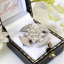 Load image into Gallery viewer, Victorian Aesthetic Engraved Silver Canterbury Cross Brooch. Antique Medieval Cross Stock/Lapel/Cravat Pin. Devotional Victorian Jewellery
