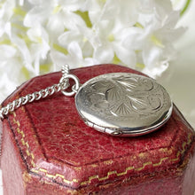 Load image into Gallery viewer, Vintage Sterling Silver English Locket Necklace. Floral Engraved Round Photo Locket &amp; Curb Chain. 1970s Victorian Revival Locket Necklace
