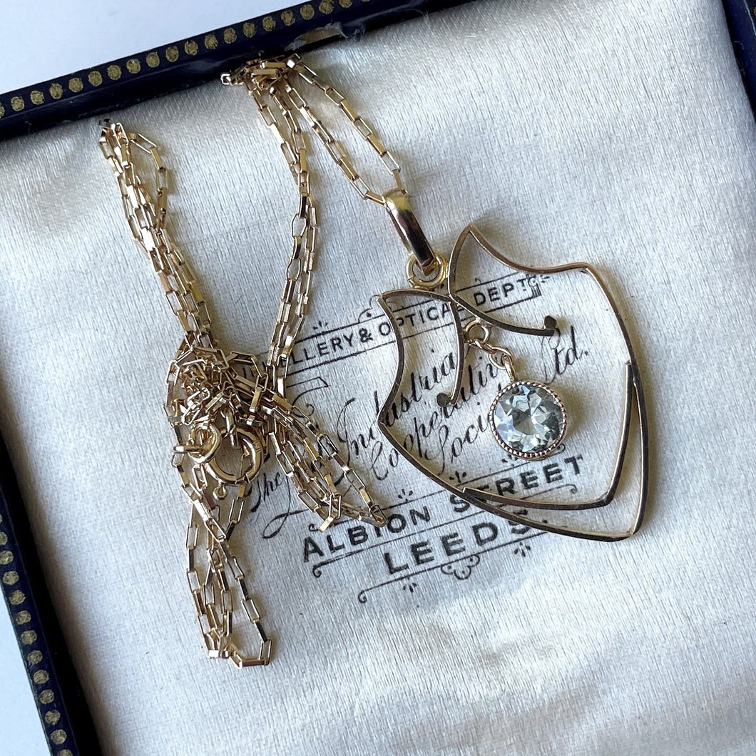 Edwardian 9ct Gold Aquamarine Pendant Necklace. Art Nouveau Gold Openwork Necklace. Antique Pale Blue Gemstone Solitaire Pendant & Chain.