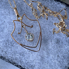 Charger l&#39;image dans la galerie, Edwardian 9ct Gold Aquamarine Pendant Necklace. Art Nouveau Gold Openwork Necklace. Antique Pale Blue Gemstone Solitaire Pendant &amp; Chain.
