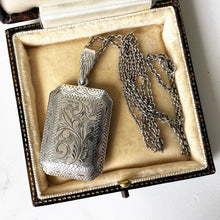 Load image into Gallery viewer, Vintage 1970s Sterling Silver Rectangular Locket &amp; Belcher Chain. Art Nouveau Style Floral Engraved Photo Frame/Book Locket Pendant Necklace
