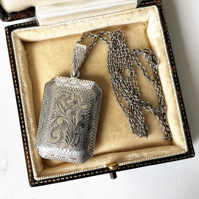 Vintage 1970s Sterling Silver Rectangular Locket & Belcher Chain. Art Nouveau Style Floral Engraved Photo Frame/Book Locket Pendant Necklace