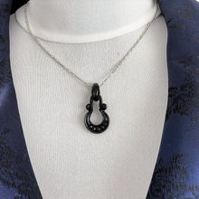Load image into Gallery viewer, Antique Victorian Whitby Jet Pendant Necklace. English Carved Jet Wedding Horseshoe Pendant, Silver Bead Chain. Good Luck Fertility Charm.
