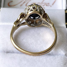 Load image into Gallery viewer, Vintage 9ct Gold, Sapphire &amp; Diamond Cluster Ring. Classic Sapphire Engagement Ring, Heart Setting. English Edwardian Revival Halo Ring.
