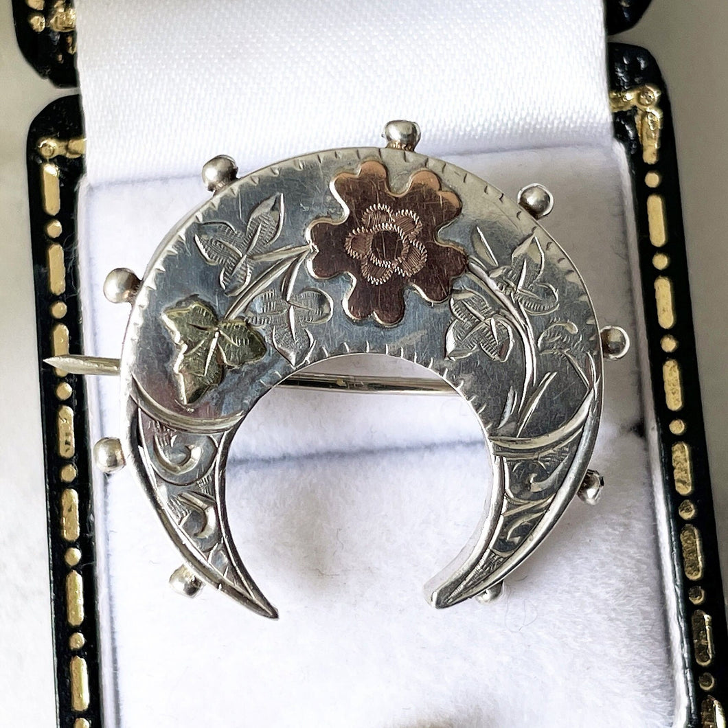 Victorian Silver & Gold Horseshoe Brooch. Tri Colour Aesthetic Engraved Sweetheart Brooch, 1888. Antique Love Token Lapel/Cravat/Stock Pin