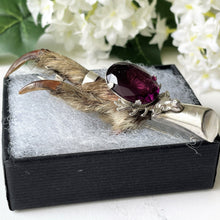 Load image into Gallery viewer, Vintage 1940s Scottish Silver Grouse Foot Brooch. Sterling Silver &amp; Amethyst Stag Head Claw/Talon, Hallmarked Glasgow. Silver Lapel/Kilt Pin
