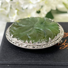 Cargar imagen en el visor de la galería, Antique Chinese Export Jade &amp; Sterling Silver Dress Clip. Carved Lotus Flower Green Jadeite Jade Pendant/Brooch . Old Chinese Export Jewelry
