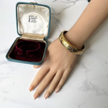 Load image into Gallery viewer, Antique 12ct Rolled Gold Engraved Bangle, Original Box. Edwardian Floral Engraved 12K Gold Fill Hinged Cuff Bracelet In Antique Jewelry Case
