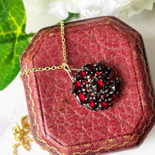 Load image into Gallery viewer, Antique Victorian Bohemian Garnet Pendant Necklace. Gold, Silver Rose Cut Garnet Pendant and Chain. Minimalist Pendant Charm Necklace

