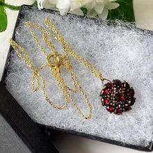 Load image into Gallery viewer, Antique Victorian Bohemian Garnet Pendant Necklace. Gold, Silver Rose Cut Garnet Pendant and Chain. Minimalist Pendant Charm Necklace
