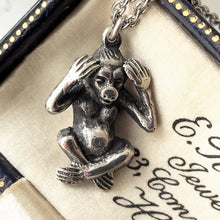 Load image into Gallery viewer, Vintage Sterling Silver Wise Monkey Pendant Necklace. Hear No Evil Lucky Charm. Japanese Kikazaru Monkey Figural Silver Pendant &amp; Chain
