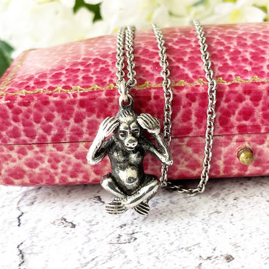 Vintage Sterling Silver Wise Monkey Pendant Necklace. Hear No Evil Lucky Charm. Japanese Kikazaru Monkey Figural Silver Pendant & Chain