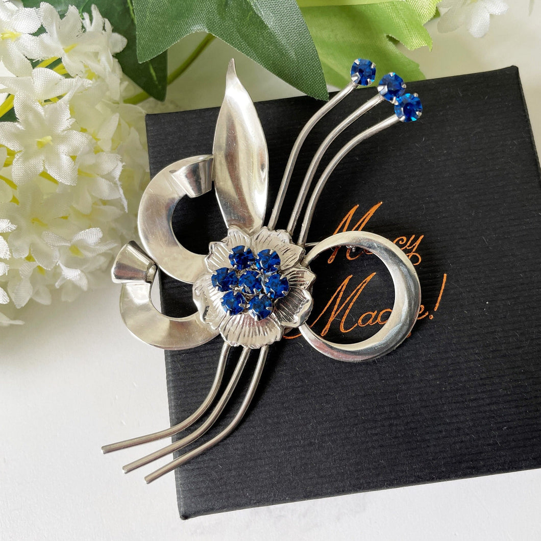 Huge Vintage 1940s Sterling Silver Retro Flower Brooch. Blue Crystal Rhinestone Statement Corsage Pin, Dorsons - Dorel USA. Art Deco Jewelry