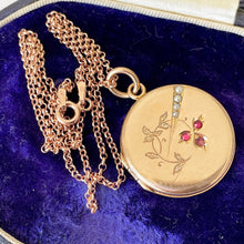 Load image into Gallery viewer, Antique Edwardian Rose Gold Pearl &amp; Ruby Locket. Floral Engraved 9ct Rolled Gold Locket On Chain. Round Photo Locket Pendant Necklace.
