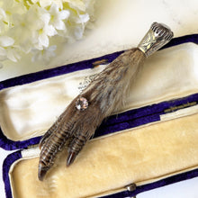 Load image into Gallery viewer, Antique Victorian Silver &amp; Amethyst Scottish Grouse Foot Kilt Pin. Large Sterling Silver Grouse Claw Brooch. Antique Scottish Jewelry
