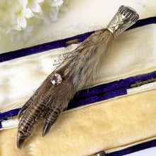 Load image into Gallery viewer, Antique Victorian Silver &amp; Amethyst Scottish Grouse Foot Kilt Pin. Large Sterling Silver Grouse Claw Brooch. Antique Scottish Jewelry
