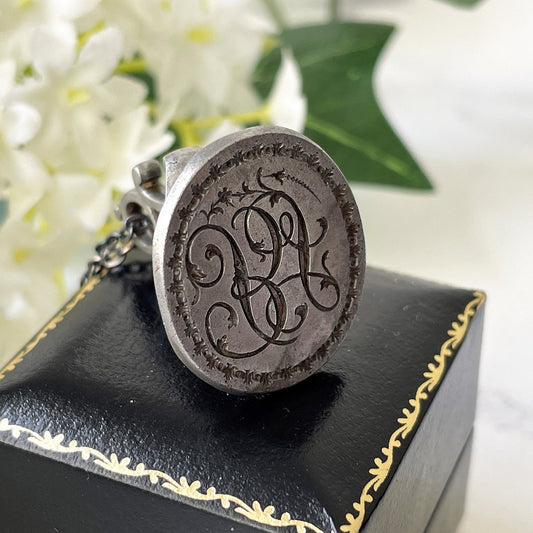 Georgian Steel Seal Fob With Monogram Intaglio. Antique Carved English Seal Fob Pendant. Georgian Regency Script Wax Seal "BJ" c1790