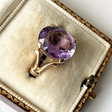 Load image into Gallery viewer, Vintage 1970s 9ct Yellow Gold Amethyst Solitaire Ring. Fat Oval 6 Carat Purple Amethyst Cocktail Statement Ring. Size K-1/2, US 5.5
