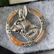 Load image into Gallery viewer, Vintage Scottish Agate Silver Rabbit Brooch. Sterling Silver Banded Carnelian Celtic Ring Disc Brooch. Figural Rabbit Plaid/Tartan/Lapel Pin

