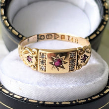 Lade das Bild in den Galerie-Viewer, Antique 18ct Gold Mine Cut Diamond &amp; Ruby Ring, Chester 1903.  Antique Edwardian/Victorian Half Hoop Band, Stacking, Pinky Ring UK P/US 7.75
