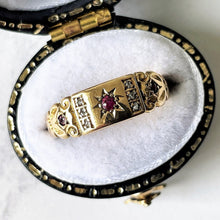 Lade das Bild in den Galerie-Viewer, Antique 18ct Gold Mine Cut Diamond &amp; Ruby Ring, Chester 1903.  Antique Edwardian/Victorian Half Hoop Band, Stacking, Pinky Ring UK P/US 7.75

