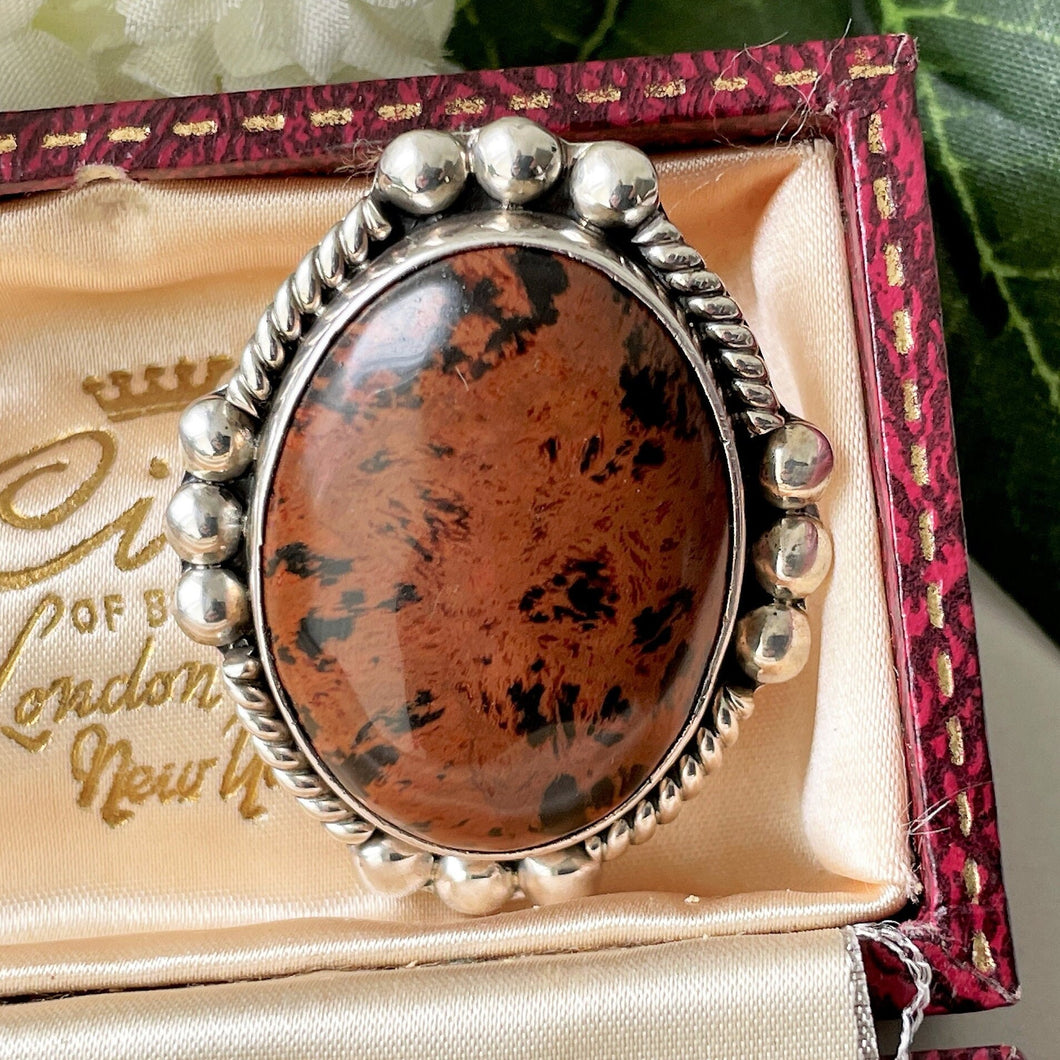 Vintage Mexican Sterling Silver Obsidian Pendant. Mahogany Obsidian Pendant. Red Brown/Black Volcanic Glass Gemstone Pendant, Taxco Mexico