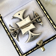 Load image into Gallery viewer, Victorian Aesthetic Engraved Silver Canterbury Cross Brooch. Antique Medieval Cross Stock/Lapel/Cravat Pin. Devotional Victorian Jewellery
