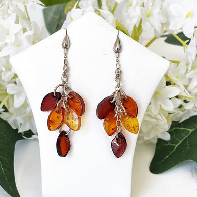 Vintage Sterling Silver Baltic Amber Earrings. Marquise Beaded Dangle Drop Earrings. Honey & Cognac Mixed Amber Cluster Chandelier Earrings.