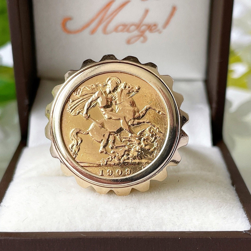 Antique 22ct Gold Edward VII Sovereign Coin Ring. Gents St George and the Dragon Gold Coin Ring. 9ct & 22ct Gold Half Sovereign Retro Ring