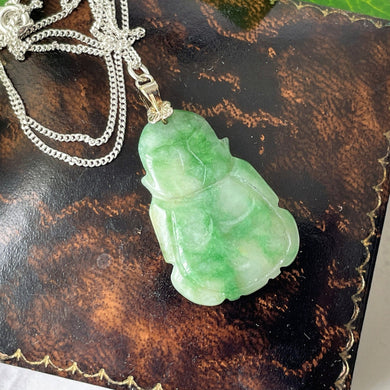 Vintage Carved Apple Green Jade Buddha Pendant Necklace. Sterling Silver Moss In Snow Jade Pendant & Chain. Figural Good Luck Charm Necklace