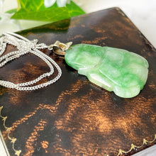 Load image into Gallery viewer, Vintage Carved Apple Green Jade Buddha Pendant Necklace. Sterling Silver Moss In Snow Jade Pendant &amp; Chain. Figural Good Luck Charm Necklace
