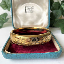 Load image into Gallery viewer, Antique 12ct Rolled Gold Engraved Bangle, Original Box. Edwardian Floral Engraved 12K Gold Fill Hinged Cuff Bracelet In Antique Jewelry Case
