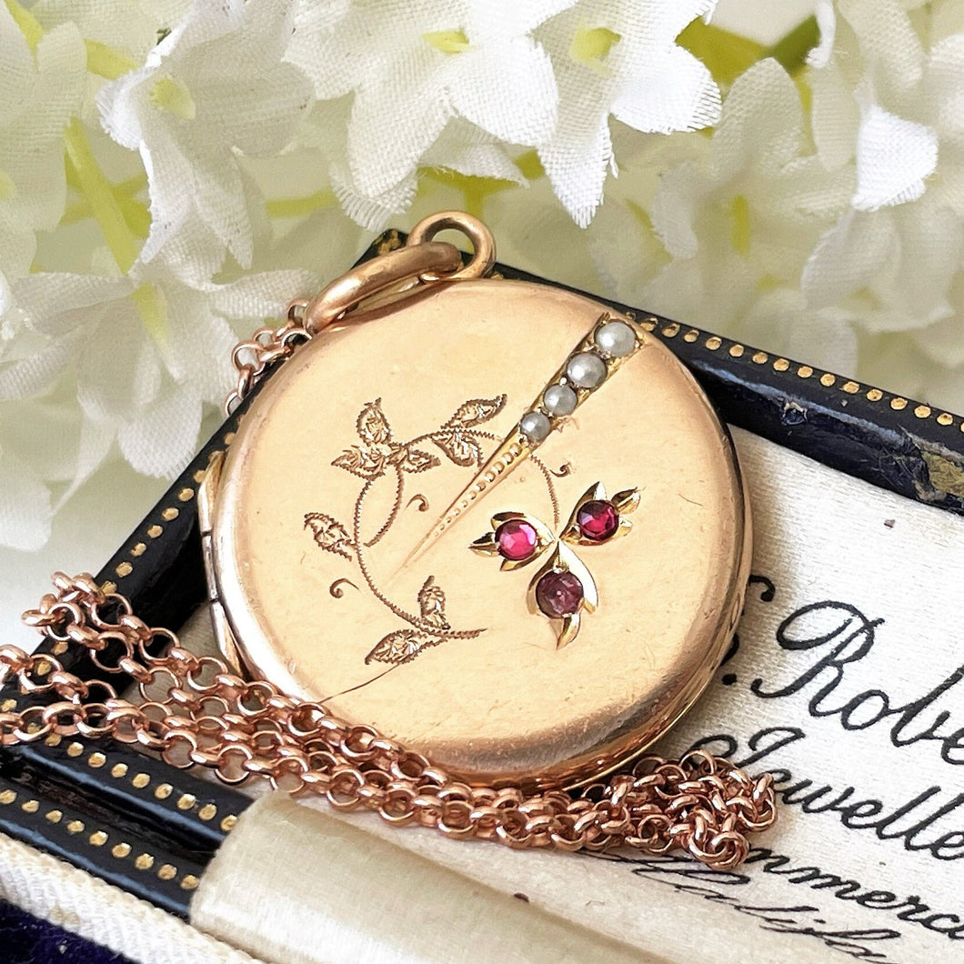 Antique Edwardian Rose Gold Pearl & Ruby Locket. Floral Engraved 9ct Rolled Gold Locket On Chain. Round Photo Locket Pendant Necklace.