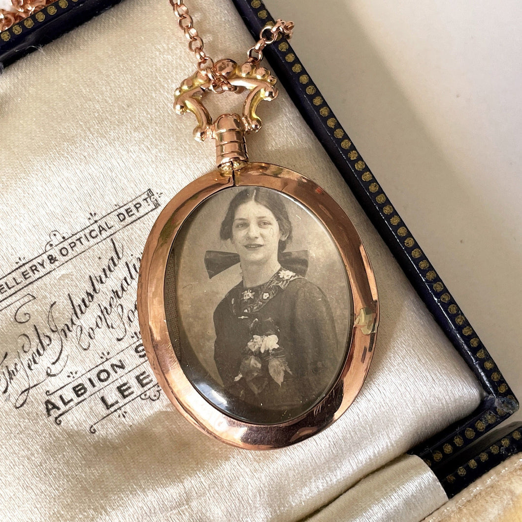 Antique 9ct Rose Gold Picture Locket Necklace. English Edwardian Portrait Pendant, Chester 1915.  Double Sided Glass Photo Pendant On Chain