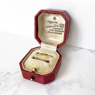 Antique Victorian Red Leather Double Ring Box. Wedding Ring Bearer Box/Bridal Set Box. English Antique Engagement/Wedding 2 Slot Ring Box