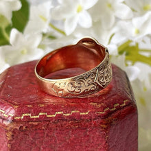 Load image into Gallery viewer, Vintage 9ct Yellow Gold Wide Buckle Ring. Art Nouveau Style Floral Engraved Band Ring.  1970s Index/Unisex/Pinky Ring, Size P UK, 7-3/4 US
