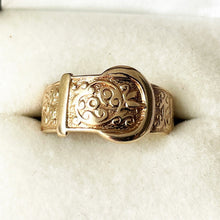 Load image into Gallery viewer, Vintage 9ct Yellow Gold Wide Buckle Ring. Art Nouveau Style Floral Engraved Band Ring.  1970s Index/Unisex/Pinky Ring, Size P UK, 7-3/4 US
