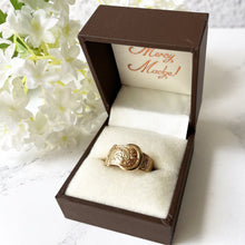 画像をギャラリービューアに読み込む, Vintage 9ct Yellow Gold Wide Buckle Ring. Art Nouveau Style Floral Engraved Band Ring.  1970s Index/Unisex/Pinky Ring, Size P UK, 7-3/4 US
