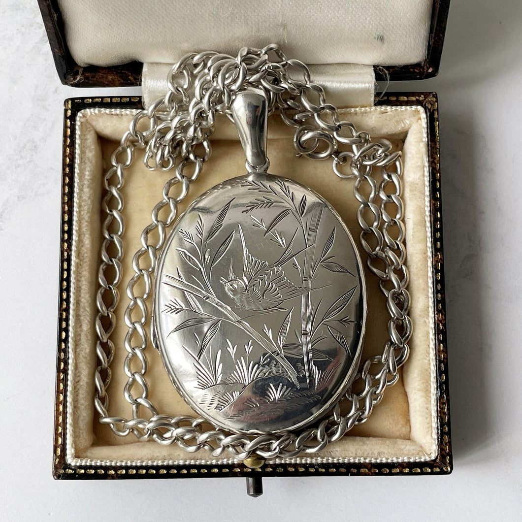 Antique Victorian Aesthetic Engraved Silver Locket Necklace. Large 2-Sided Floral Love Bird Locket With Photo & Chain. Book Chain Locket