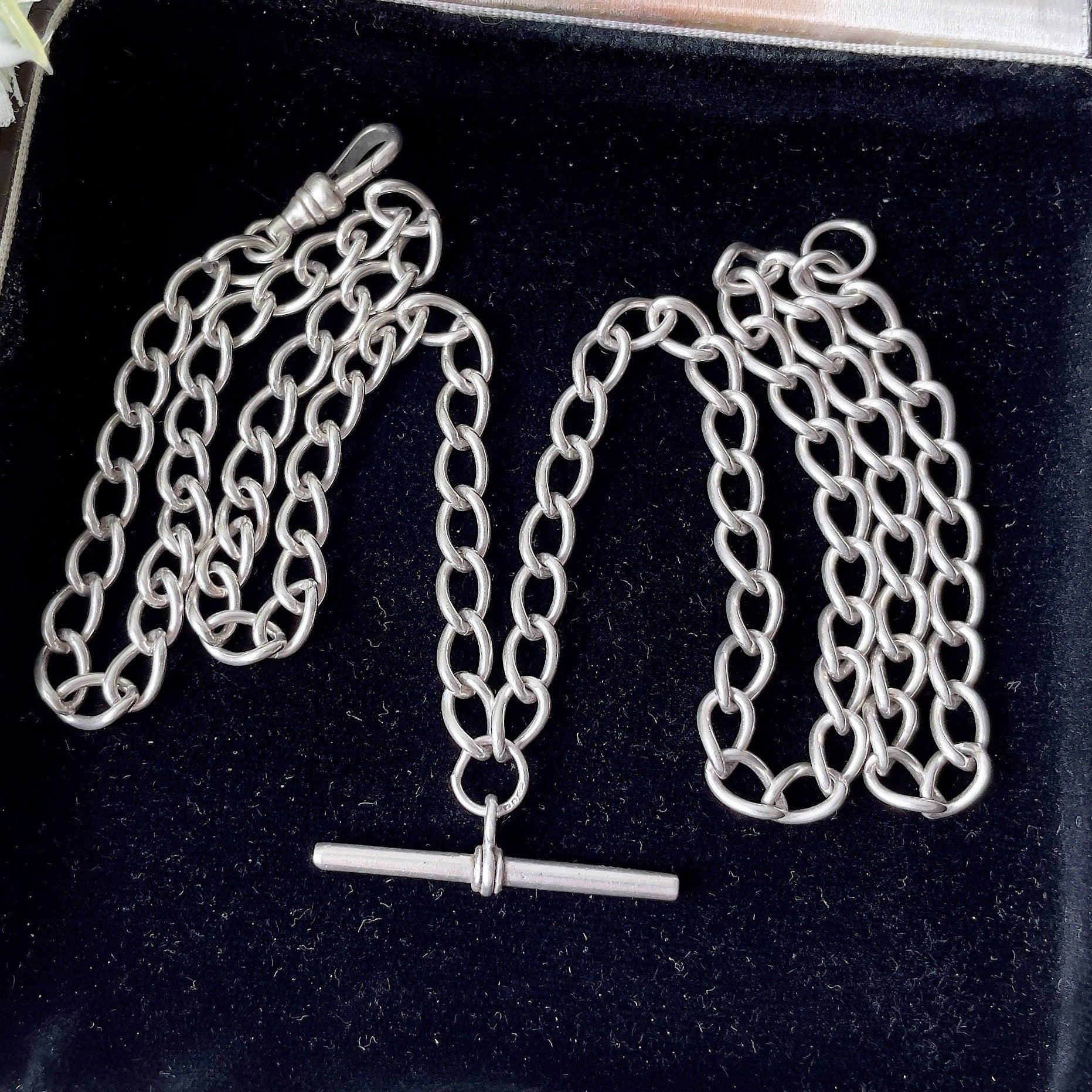 Vintage Sterling Silver Albert Chain Necklace, T-Bar Dog-Clip