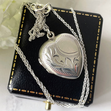 Vintage Sterling Silver Heart Locket Necklace. Floral Engraved Sweetheart Photo Locket & Chain. English Edwardian Style Love Heart Locket